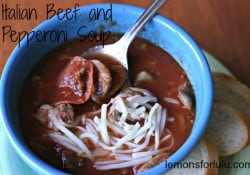 Warm, comforting soup with savory beef, spicy pepperoni. Taste just like a pizza!