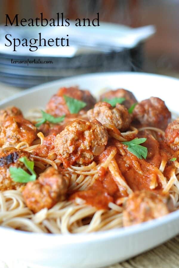 Lightened meatballs make this spaghetti dish guilt free and satisfying! www.lemonsfosrlulu.com