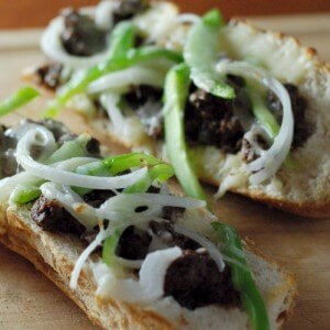French bread pizza takes on the Philly Cheese steak with lots of peppers, onions and provolone cheese!