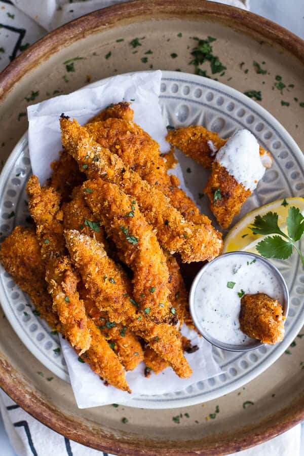 Black Pepper Rub Chicken- Fingers with Greek Yogurt Ranch.via Half Baked Harvest: Meal Plans Made Simple