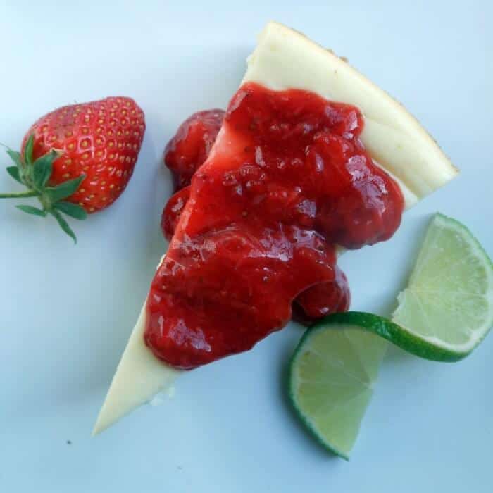 Tequila Lime Cheesecake with Strawberry Maragarita Topping via Sugar Dish Me; Meal Plans Made Simple