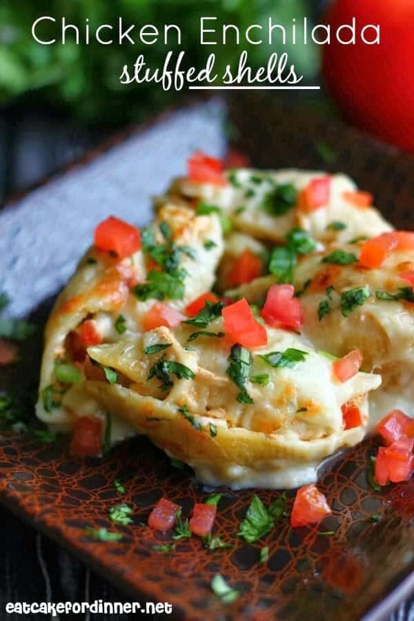 Chicken Enchilada Stuffed Shells via Eat Cake for Dinner; Meal Plans Made Simple