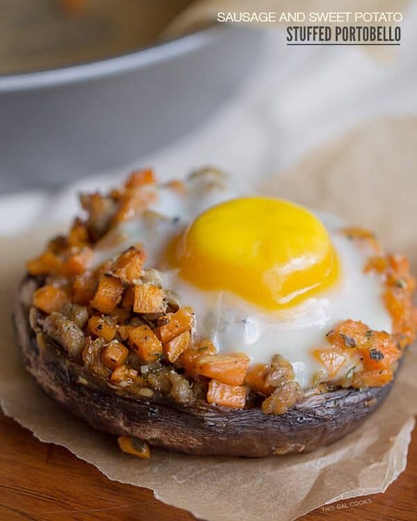 Sausage and Sweet Potato Stuffed Portobello Mushrooms via This Gal Cooks; Meal Plans Made Simple