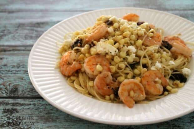 Shrimp and Corn Angel Hair Pasta with Feta via White Lights on Wednesday; Meal Plans Made Simple