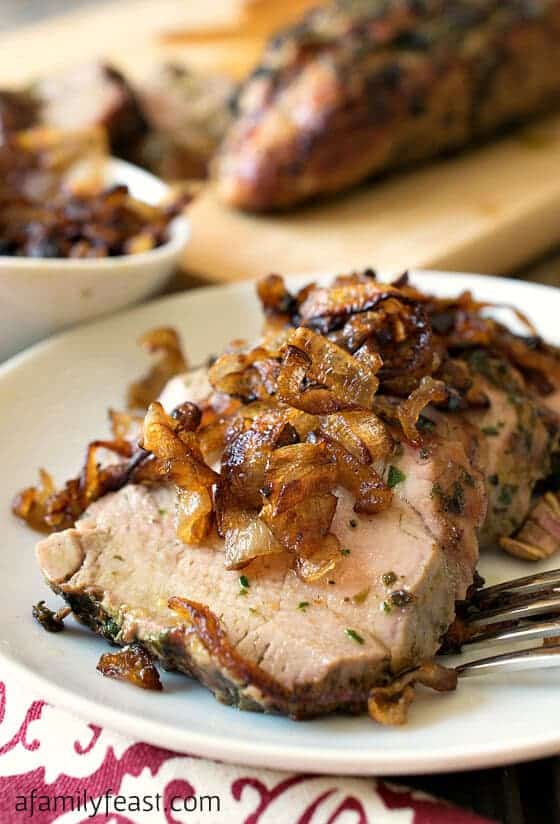 Herb Crusted Grilled Pork Tenderloin with Crispy Shallots via A Family Feast; Meal Plans Made Simple