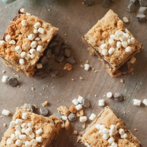 Peanut butter bars inspired but S’mores, with graham crackers, chocolate and mini marshmallows! www.lemonsforlulu.com
