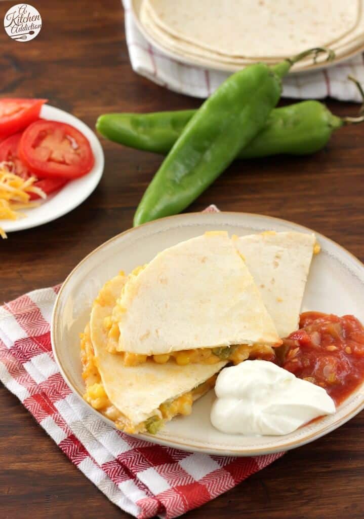 Hatch Chile and Sweet Corn Quesadillas via A Kitchen Addiction on Meal Plans Made Simple