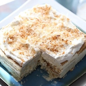 This vanilla coconut ice box cake is light and absolutley dreamy! A no bake treat that tastes purely decadent! lemonsforlulu.com #IDelight @InDelight