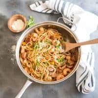 Jambalaya pasta in pan top down view