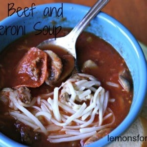 Warm, comforting soup with savory beef, spicy pepperoni. Taste just like a pizza! www.lemonsforlulu.com