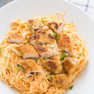 Chicken fettuccine alfredo like you've never tasted! Pasta noodles are coated with a light and creamy buffalo flavored alfredo sauce then topped with seasoned baked chicken!