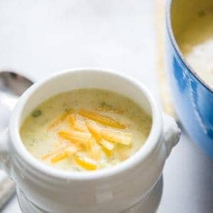 Broccoli cheddar soup in a white bowl
