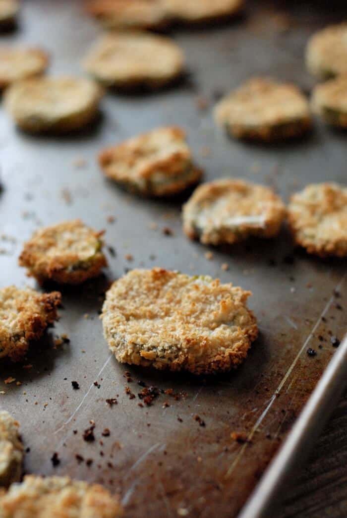 The oven baked pickle chips are football food done light!