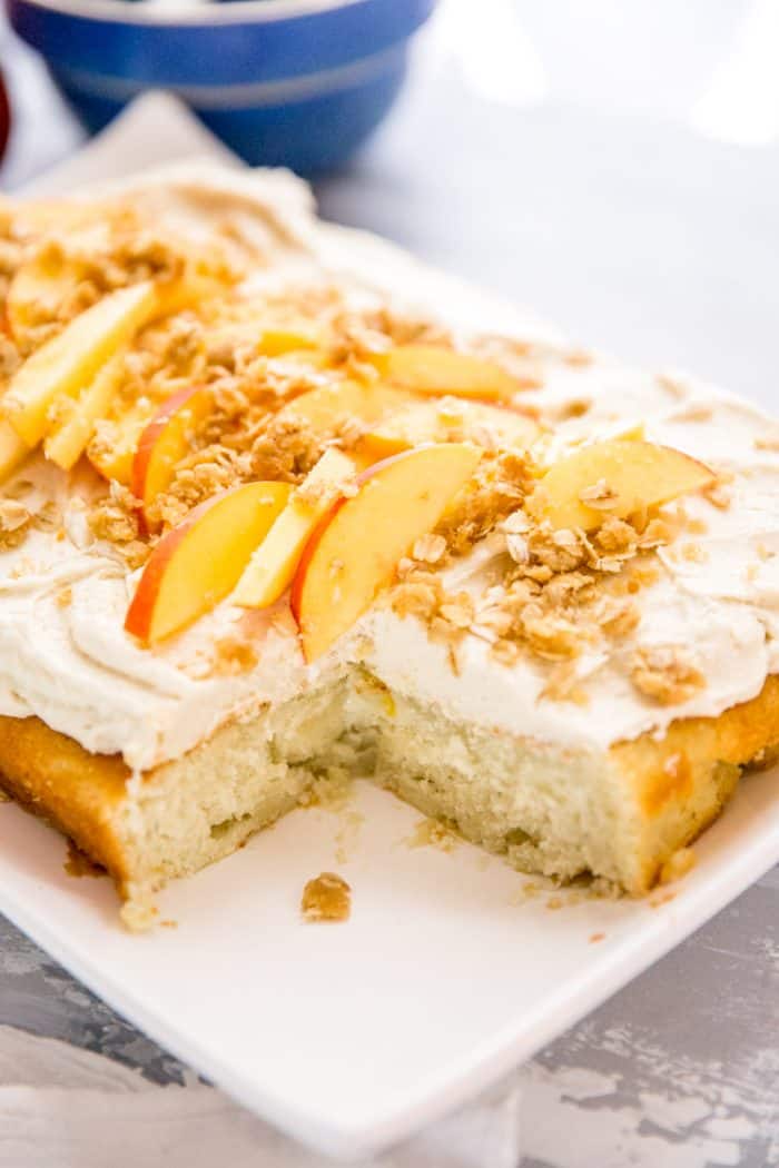 peach cake with brown sugar frosting