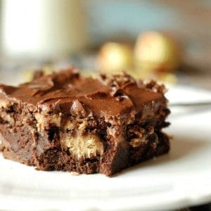 These chocolate peanut butter brownies are sinfully decadent. Lots of rich chocolate, peanut butter and peanut butter cups are crammed into these brownies. A thick and creamy chocolate frosting is layered on top! www.lemonsforlulu.com #hometailgate