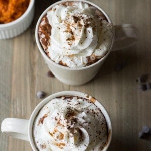 This simple hot chocolate recipe incorporates pumpkin puree, pumpkin spice and chocolate for a rich and cozy treat! www.lemonsforlulu.com #IDelight