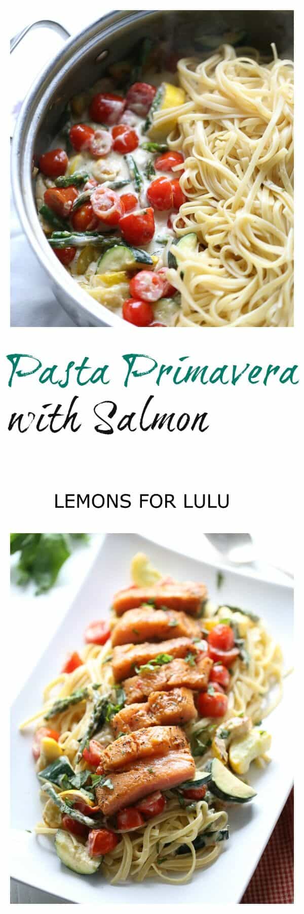 This salmon topped pasta Primavera is filled with veggies and tossed with a light, creamy sauce. A simple, elegant meal for any occasion. | lemonsforlulu.com