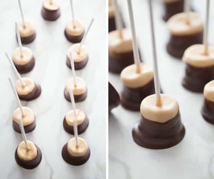 Marshmallow Pops that look like buckeyes Who doesn't love buckeyes? They take some time to prepare. This marshmallow pop recipe has all the taste of buckeyes but only takes a fraction of the time! lemonsforlulu.com