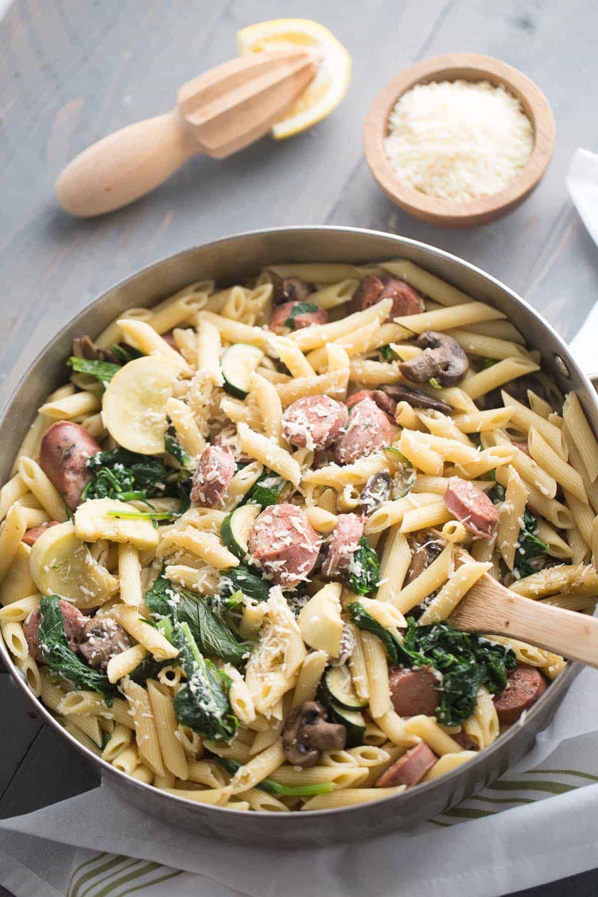 Penne Noodles with Vegetables and Chicken Sausage {Lemons for Lulu}