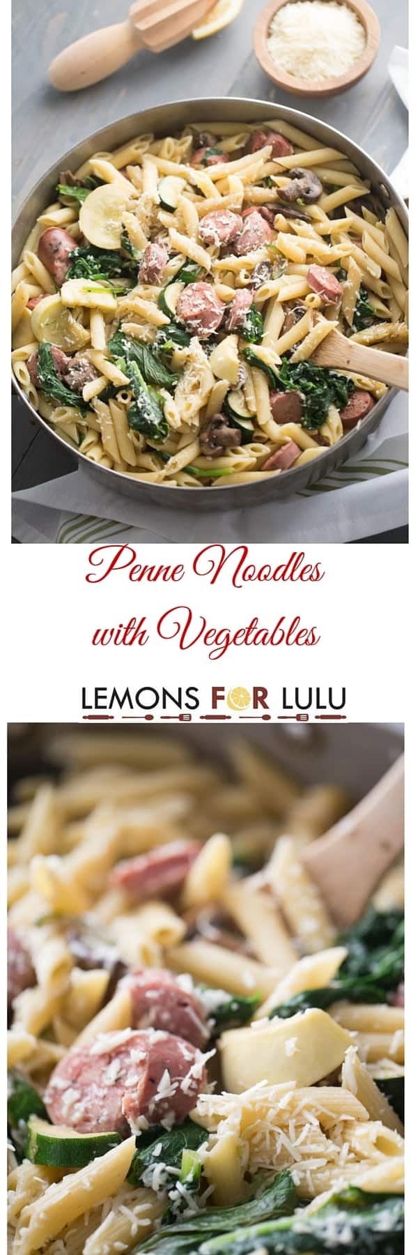 A simple penne pasta recipe made with chicken sausage and loads of fresh veggies! lemonsforlulu.com