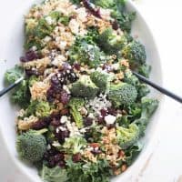 Ramen noodle salad with fresh broccoli, almonds, kale cherries and blue cheese!