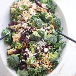 Ramen noodle salad with fresh broccoli, almonds, kale cherries and blue cheese!