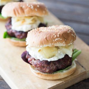 Thick and meaty black and blue burgers have Cajun seasoning, a blue cheese remoulade sauce and crunchy kettle chips!