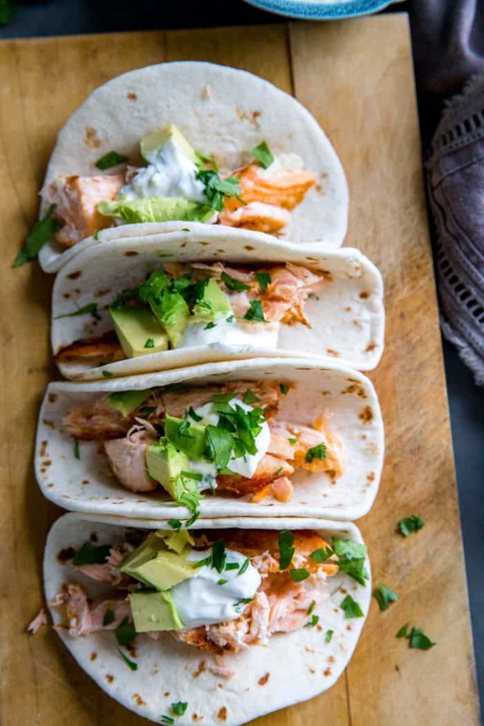 Salmon Fish Tacos with Jalapeno Cream