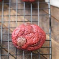 Brownie cookies loaded with chocolate chips with a little red velvet mixed in!