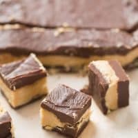 Chocolate fudge is seperated by a layer of creamy peanut butter fudge to taste just like a buckeye ball!