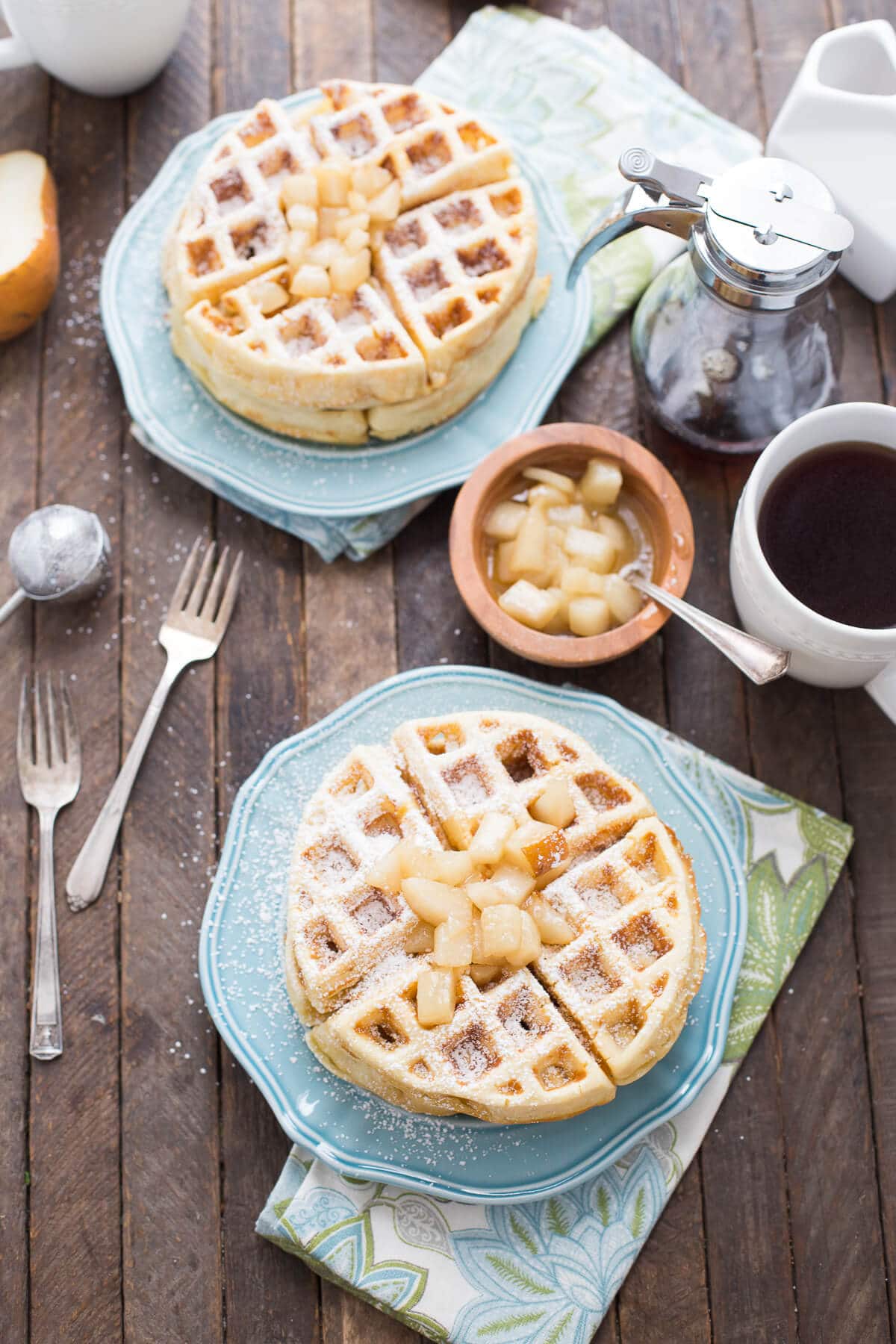 Browned Butter Homemade Waffles with Spiced Pear Topping