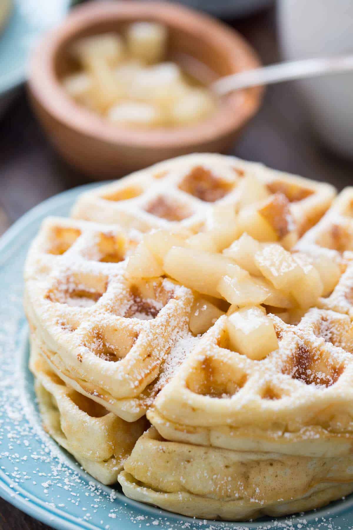 browned butter homemade waffles with spiced pear topping