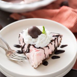 A simple cherry cream pie with a silky, chocolate bottome layer! The best cream pie ever!