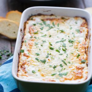 This ultra cheesy dip is like your favorite garlic bread, it's perfect with bread chips!