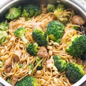 Chicken and broccoli are stir fried together in a simple marinade and then served with peanut butter noodles!