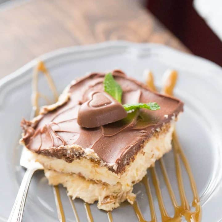 This no bake eclair cake is the best! The luscious caramel flavor will have you coming back for seconds!