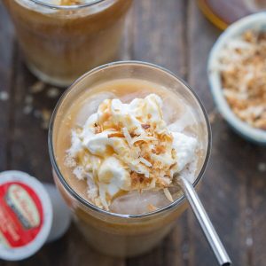 Iced macchiatos are perfect for all year round! This coconut caramel version is nutty and sweet!