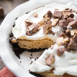 This peanut butter pie is creamy and smooth and has a touch of caramel!