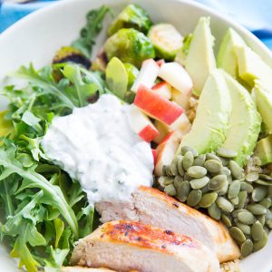 This Buddha Bowl is good food! Quinoa, grilled chicken and veggies are topped with a green goddess dressing that is out of this world!