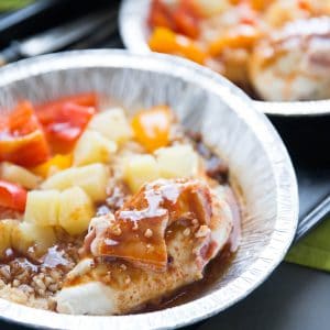 Pineapple chicken has a sweet and spicy combo with a touch of bacon sprinkled in!