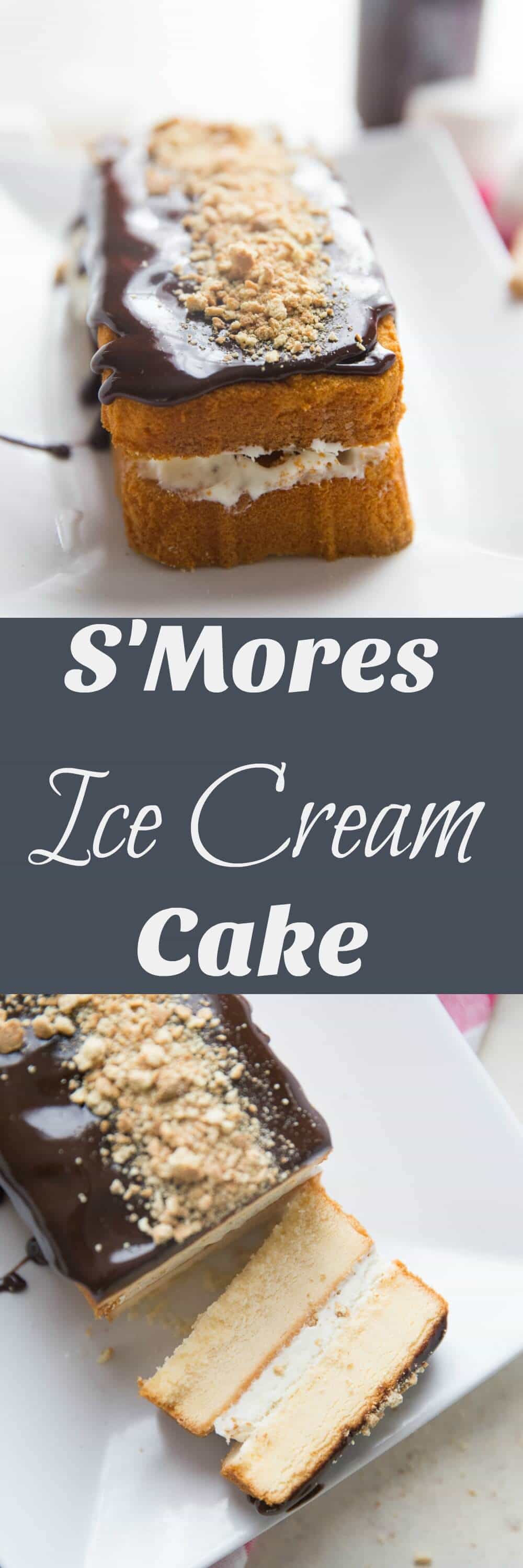 S'mores ice cream cake starts with homemade toasted marshmallow ice cream that gets sandwiched between pound cake halves! If that not's enough, chocolate sauce and graham cracker crumbs help complete this summertime masterpiece!