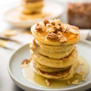 Banana's Foster makes an appearance at your breakfast table instead of the dessert table! Banana pancakes, rum flavored caramel sauce and a nutty topping elevate ordinary pancakes into something extraordinary!
