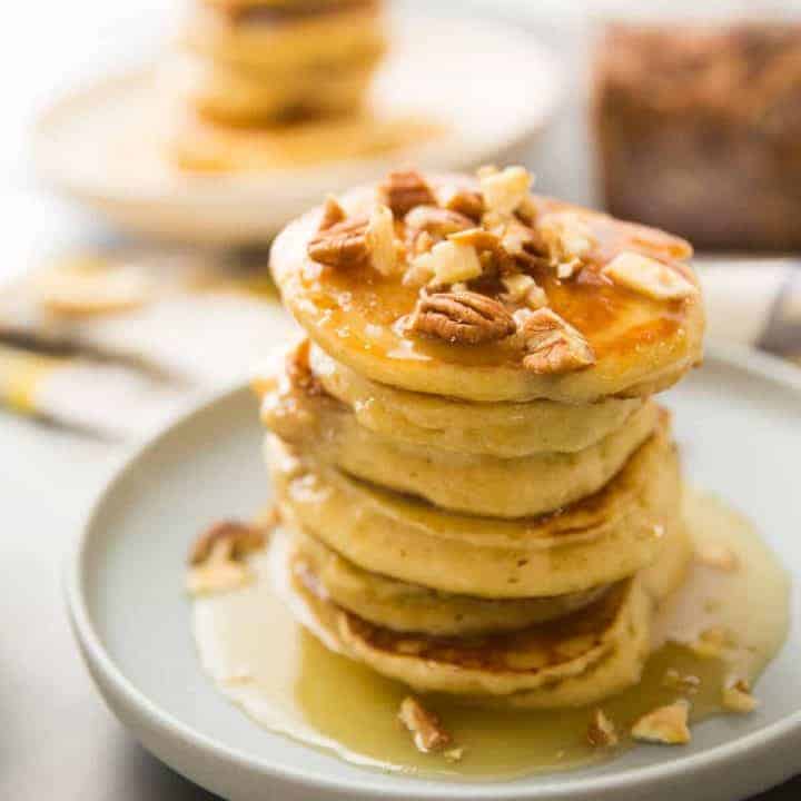 Banana's Foster makes an appearance at your breakfast table instead of the dessert table! Banana pancakes, rum flavored caramel sauce and a nutty topping elevate ordinary pancakes into something extraordinary!