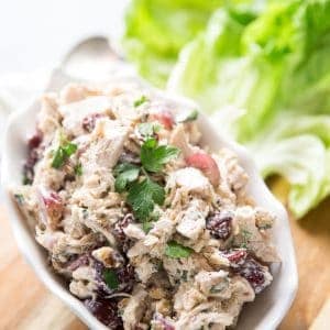 Rotisserie chicken salad bowl close up