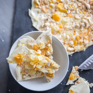 White chocolate bark bowl above