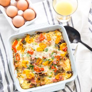 Farmers Breakfast Casserole with juice and eggs