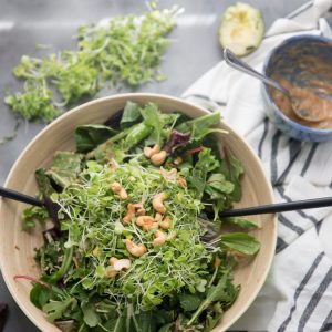 Cashew chicken salad top down view with dressing on side