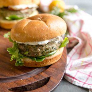 Herb Lemon Aioli with turkey burger up close
