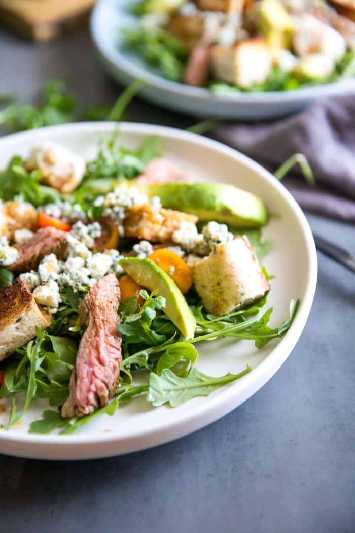black and blue steak panzanella salad