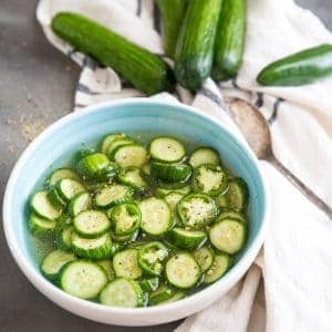 Refrigerator pickles in blue bowl
